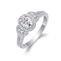 Macro shot of oval moissanite ring showing halo setting and diamond band detail - R13360/1 Carat/6.5mm-gra/black Card / US Size 7 / Circumference 54.3mm