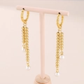 Elegant gold chain tassel earrings with polished beads and white pearl accents - Gold Bead Chain Pearl (KE108834-KFC)