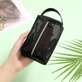 Portable black nylon mesh makeup bag with circular metal zipper pull and sturdy handle - 043 Black Small Lipstick Bag