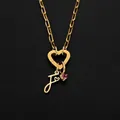 Stainless steel necklace with heart clasp, letter J pendant, and pink rhinestone detail - Letter F