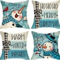 Detail view of 4-piece set Christmas pillow covers with linen texture and winter motifs - Sky Blue Winter