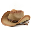 Brown woven straw cowboy hat with ethnic beads and chin strap for sun protection - Khaki Rust Red Gradient