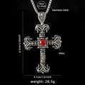 Vintage stainless steel cross necklace with red gemstone and detailed size specifications - Cross No. 1 + Steel Chain