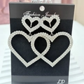 Silver dangling earrings with large double heart design and sparkling rhinestones - Silver Ear Clip Style (LDE1019S-EJ)