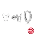 Driedelige 925 sterling zilveren oorbellen set met vlinderknopjes en kristallen oorringen - Vlinder & Hoops Set / Zilver