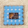 Pack of 25 blue round tea light candles in aluminum cups on a natural woven mat - 2 Hours 50 Pieces Round - Blue