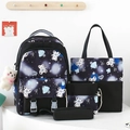 Cute black 4-piece school backpack set with starry space bear prints and plush charm - Black