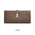 Minimalist long frosted coffee brown leather wallet for women with gold buckle strap - Coffee