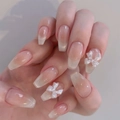 Nude pink cat eye press-on nails with 3D white bows and gradient coffin shape - Pink Gradient Bow Style (JP3606)