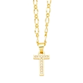 Detail of gold Figaro chain necklace featuring a zircon micro-pave capital letter T pendant - Letter T