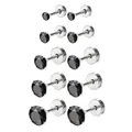 Set of 5 pairs black zircon stud earrings 8mm with 4-claw flat back stainless steel design - Silver with Black Zirconia / 3mm