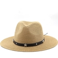 Sombrero de paja estilo cowboy de ala ancha con banda de cuero decorada con estrellas - M (56-58cm) / Caqui