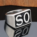 Punk style wide silver stainless steel signet ring with SO letter engraving for men - Steel Silver SO