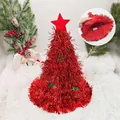 Standard style red tinsel Christmas tree hat with a red star and holly leaf decorations - Standard / Red With Red Star Green Leaves