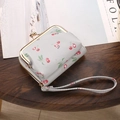 Women's light grey cherry print coin purse with metal clasp and wrist strap - 9 Card Slots + 2 ID Windows + Button Compartment / Light Gray