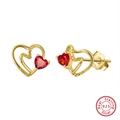 925 sterling silver heart earrings with gold finish and red heart-shaped gemstone - Red Heart Double - Gold