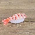 Realistic PVC shrimp sushi food model measuring 6cm on a rustic wooden background - Sweet Shrimp Sushi (Small) / Orange Red