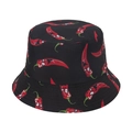 Close-up of the cartoon red chili pepper pattern on a black cotton bucket hat fabric - Black Chili Style (C)