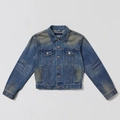 Detailed view of vintage washed blue denim jacket with double chest pockets and metal buttons - S / Wasteland Deep Blue