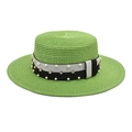 Detail of green straw boater hat with pearl and rhinestone embellishments on a woven band - Fruit Green
