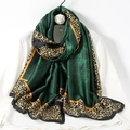 Elegant emerald green silk scarf with leopard print borders and floral line patterns - ZS122-02 - Green