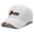 White cotton baseball cap with dark brown Game competitive embroidery in a side view - Adjustable / White