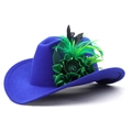 Detail of navy felt top hat with oversized green faux flowers and mesh veil decor - 10 Royal Blue