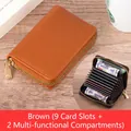 Litchi pattern leather wallet in brown with 9 accordion slots and gold zipper - 9 Card Slots + 2 Multi-functional Slots / Brown