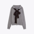 Women's grey knitted zip-up hoodie with a decorative large black bow and ribbed cuffs - S / Gray