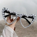 Chic heart-shaped sunglasses frame with white pearls and black frame for women - Black Frame Clear Lenses