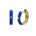 Detailed close-up of blue enamel C-shape hoop earrings with gold plating and cubic zirconia - Round Hoop / Blue/Gold