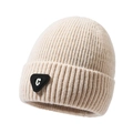 Beige ribbed knit beanie with stylish C-logo patch and warm folded cuff design - One Size / Light Beige