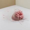 Close-up of pink fascinator hat with elegant mesh veil, feathers and pearl bead details - One Size / Dusky Pink