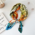 Floral pleated silk scarf in orange and blue tones styled in a decorative knotted loop - 70cm / Colorful Floral Patchwork