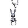 Minimalist silver rabbit pendant necklace with square pearl chain on white background - Silver Mechanical Rabbit (C0616)