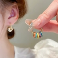 Boucles d'oreilles pendantes dorées avec anneaux en émail coloré style arc-en-ciel - 67# Clip d'oreille - Boucles d'oreilles dorées à anneaux en émail coloré