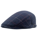 Dark blue herringbone tweed newsboy cap with red grid and adjustable bronze buckle - Navy Blue