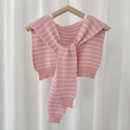 Pink and white striped knitted shawl wrap with decorative ties and marine style collar - Knitted Striped Shawl / Pink Fine Stripe