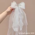 White bridal hair bow veil for girls with golden crown and 50cm long wave mesh - Crown Decor Floating Veil