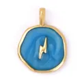Gold-plated irregular round pendant with sky blue enamel and lightning bolt charm - K074351B Lightning Sky Blue Disc