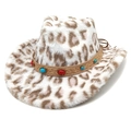 Cappello da cowboy leopardato in finta pelliccia con fascia decorativa con gemme - M (56-58cm) / Corona a Cuore Bianca