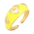Adjustable copper ring with yellow enamel finish and golden heart-shaped metal embossing - Yellow - Embossed Heart