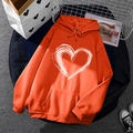 Orange fleece hoodie for men and women featuring a white heart print and kangaroo pocket - S / Tops / Orange