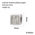 Macro detail of silver letter M charm bead with zircon inlay and 4mm hole diameter - Letter M (PT0563)