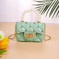 Mint green mini jelly handbag with diamond lattice pattern and pearl top handle - Light Green