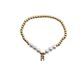 Detail of beaded bracelet with gold copper beads, white pearls and a colorful letter R charm - Letter R