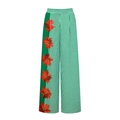 Detailed pattern of green white stripes and red floral print on high waist wide leg pants - One Size / Pants