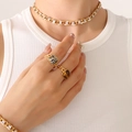Golden jewelry set with rectangular links necklace and natural stone rings on model - P256-Gold Color White Zirconia Necklace-35+5cm