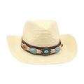 Sombrero de vaquero de paja beige con banda de cuero adornada con turquesa y ámbar - Blanco Leche