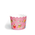 Close-up of pink muffin cups with cupcake patterns and scalloped edges for baking - Snowflake Cake